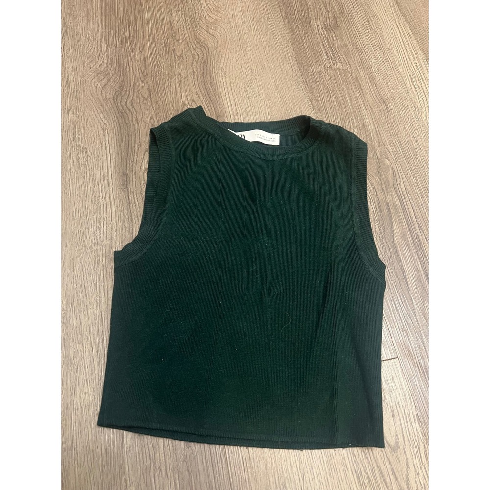 Zara Womens Forest Green Ribbed Knit Sleeveless Crop Top Tank Small